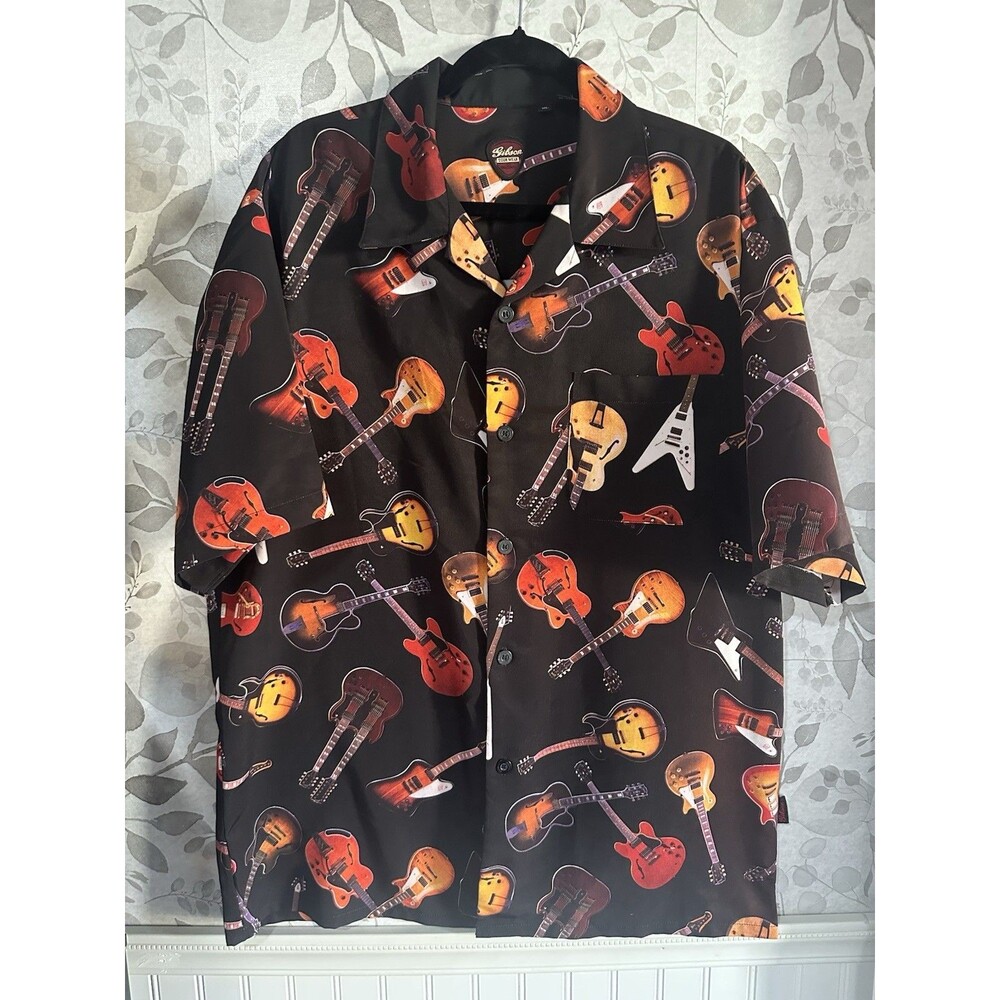 Gibson Tour Wear Dragonfly Mens XL Guitar Print Button Down Shirt Black